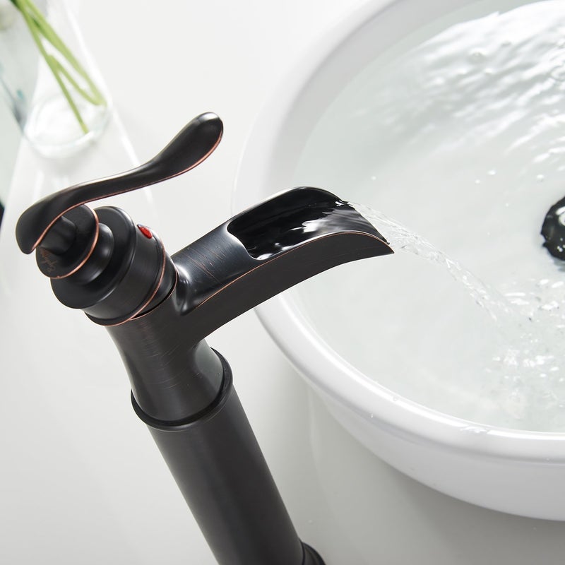 BATHFINESSE Oil Rubbed Bronze Deck Mount Faucet with Waterfall Flow, Low Lead Brass Construction, Easy Installation, Drain Assembly Included - Image 4